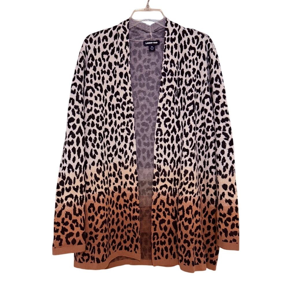 Land’s End 1X Open Front Leopard Ombre Cardigan Sweater with Pockets